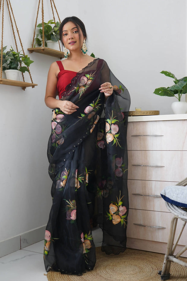 Hand painted organza saree in black