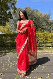 Organza saree in red with gotta patti border