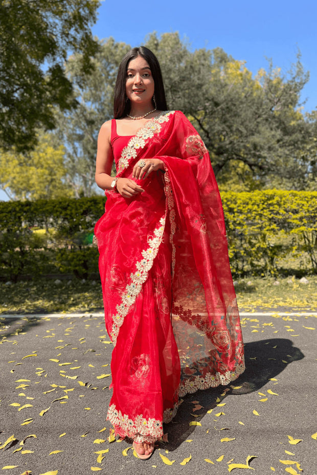 Organza saree in red with gotta patti border