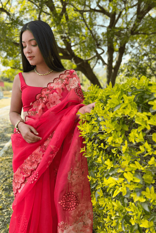 Printed organza saree in red in floral pattern