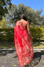 Printed organza saree in red in floral pattern