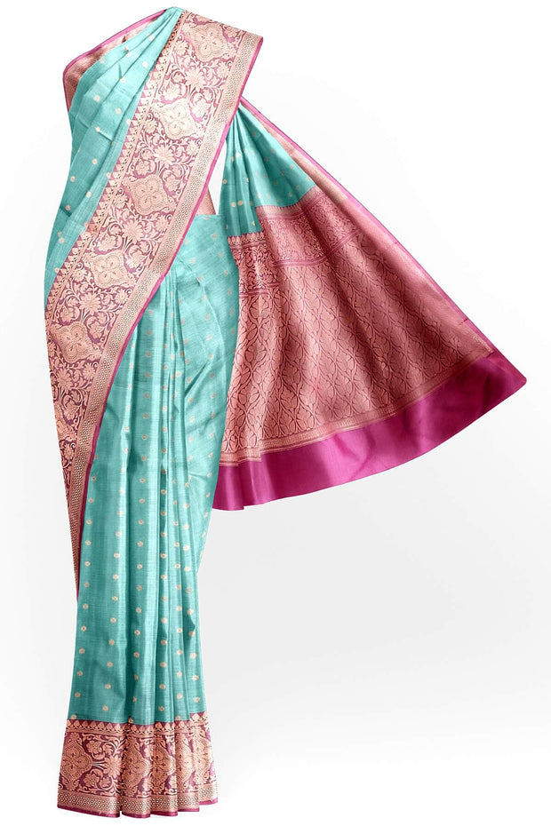 Handloom Banarasi katan pure silk saree in  sea blue with small motifs