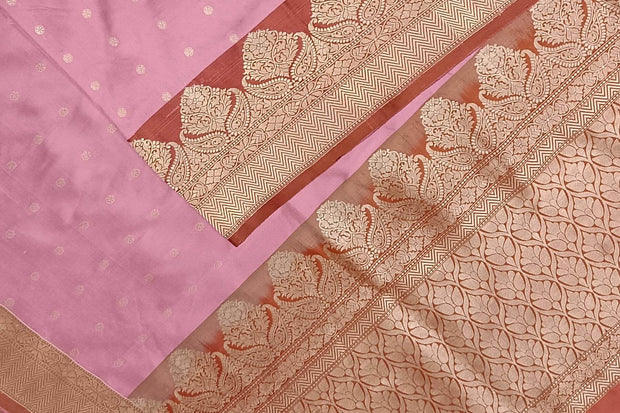 Handloom Banarasi katan pure silk saree in  onion pink with small motifs
