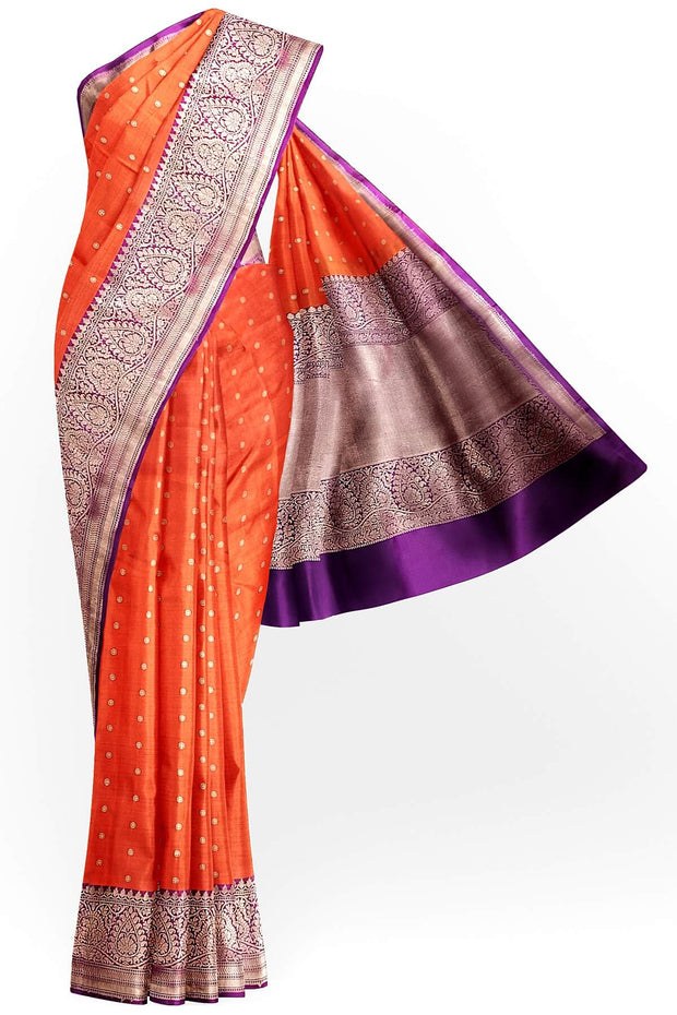 Handloom Banarasi katan pure silk saree in  orange with small motifs