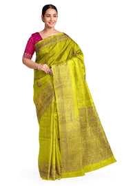 Handloom Banarasi katan pure silk saree in mehndi green in dupion finish with floral motifs .