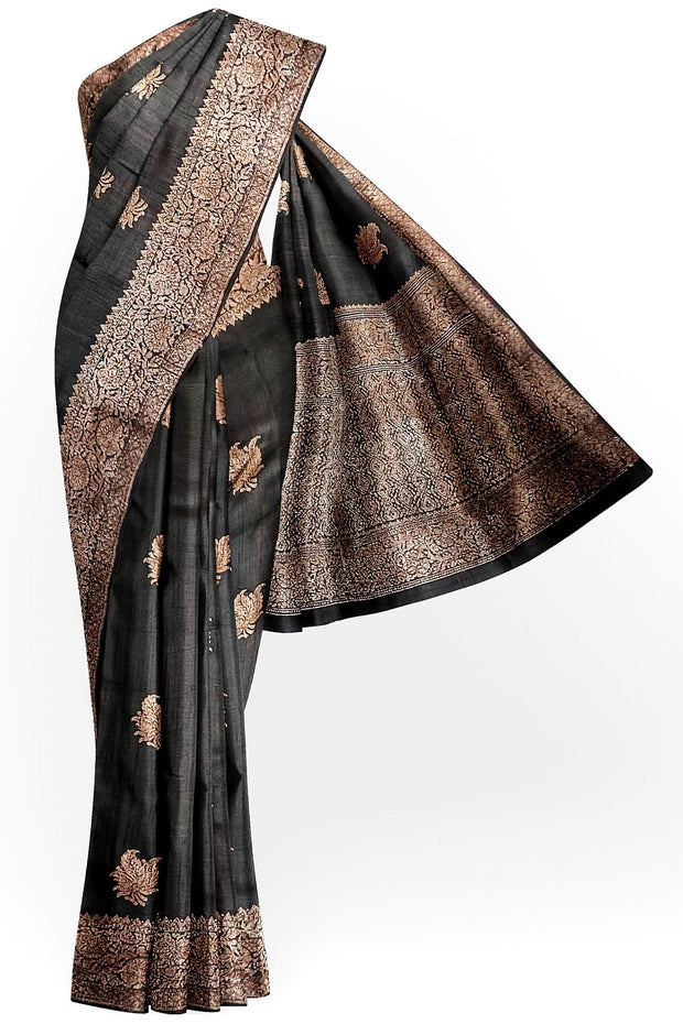 Handloom Banarasi katan pure silk saree in black in dupion finish with floral motifs .