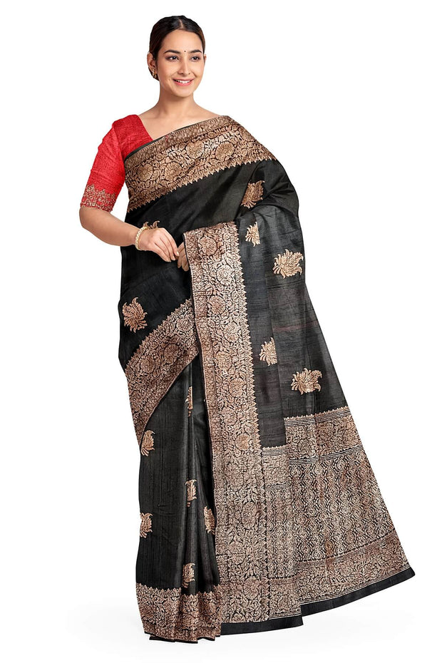 Handloom Banarasi katan pure silk saree in black in dupion finish with floral motifs .