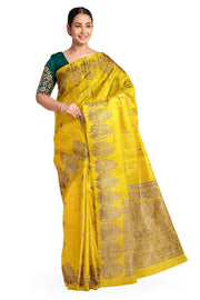 Handloom Banarasi katan pure silk saree in yellow in dupion finish with floral motifs.