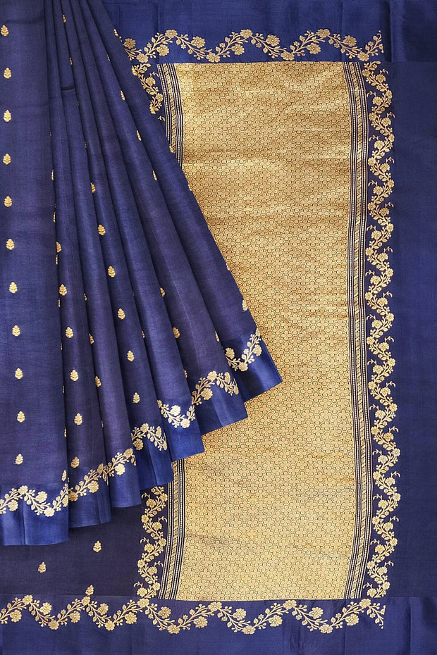 Banarasi  pure silk (Raw Mango) saree in dark blue  with small motifs