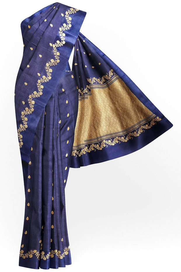 Banarasi  pure silk (Raw Mango) saree in dark blue  with small motifs