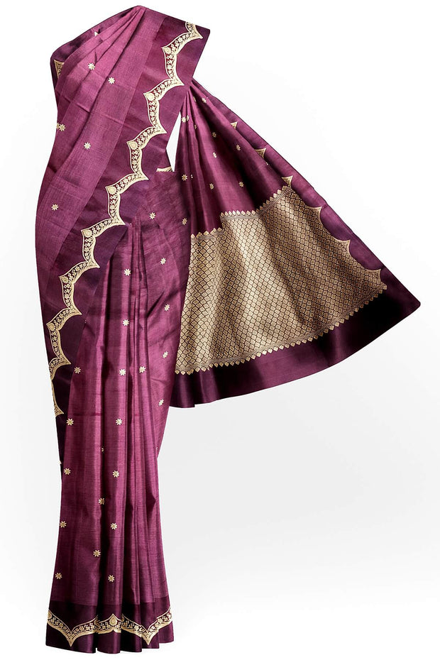 Banarasi pure silk ( Raw Mango) saree in wine with small floral motifs