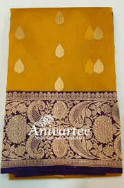 Banarasi kora katan pure silk saree in mustard