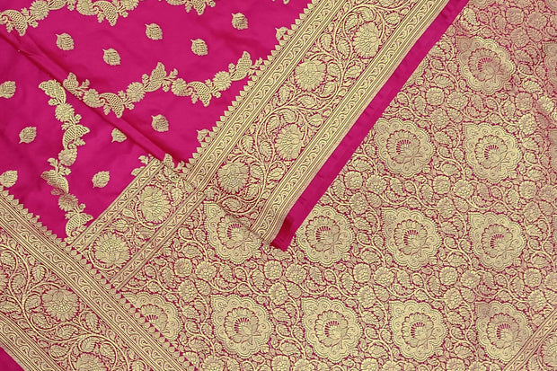 Banarasi mashru silk saree in  pink in leheriya pattern with motifs and a  contrast pallu.