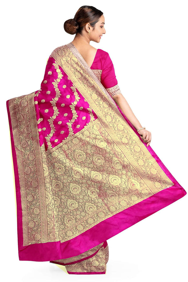 Banarasi mashru silk saree in  pink in leheriya pattern with motifs and a  contrast pallu.