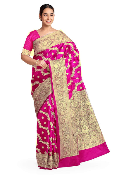 Banarasi mashru silk saree in  pink in leheriya pattern with motifs and a  contrast pallu.