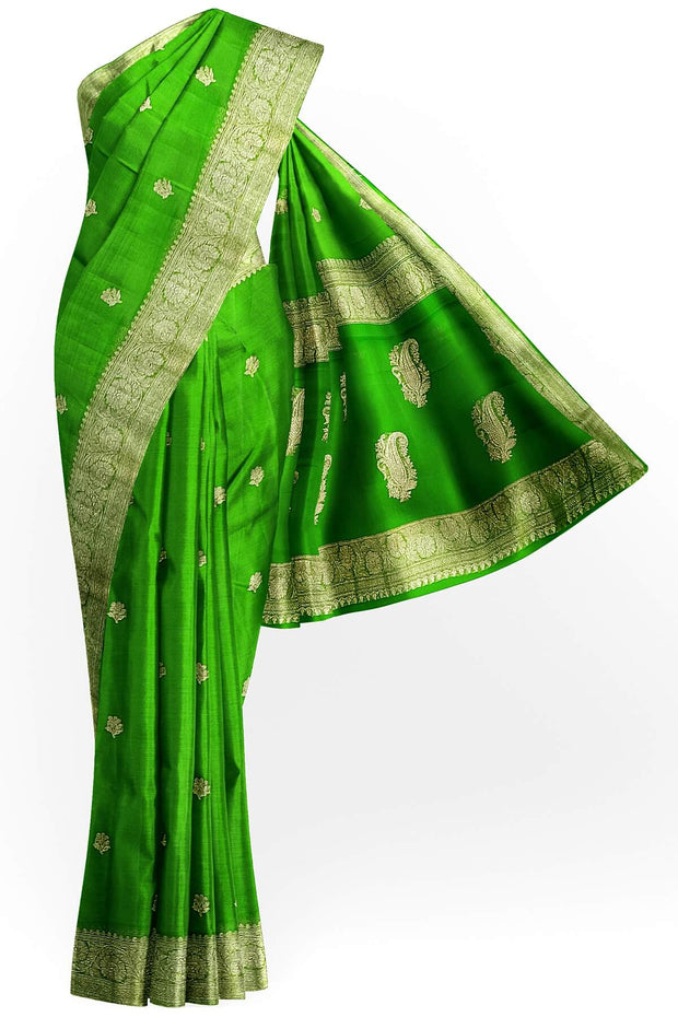 Banarasi silk chiffon  saree in green  with silver  buttis &  border