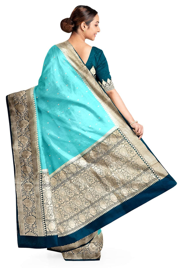 Banarasi kora ( organza) silk saree  in sky blue with small buttis all over the body