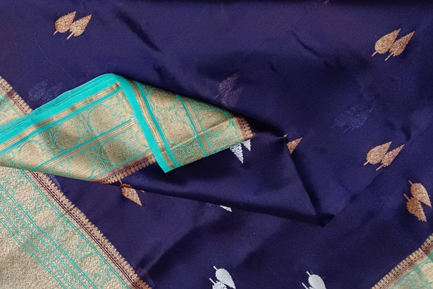 Banarasi kora ( organza) silk saree in royal blue with gold & silver motifs