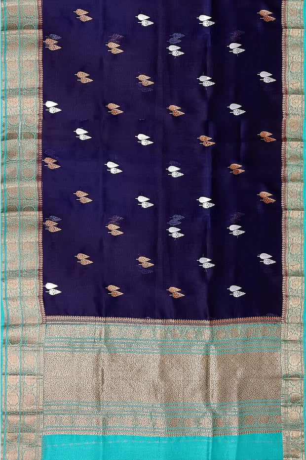 Banarasi kora ( organza) silk saree in royal blue with gold & silver motifs