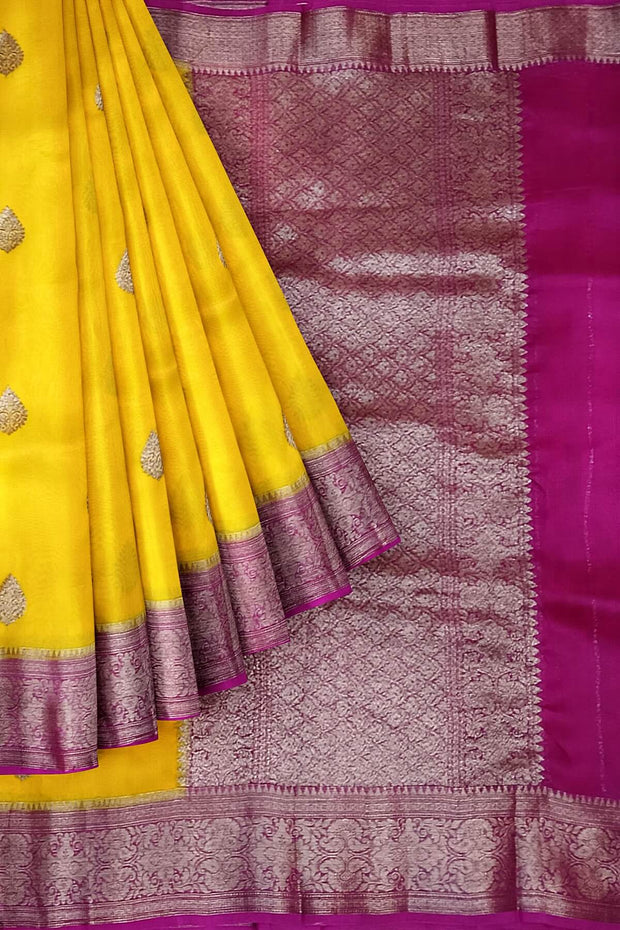 Banarasi kora ( organza) silk saree in yellow with motifs
