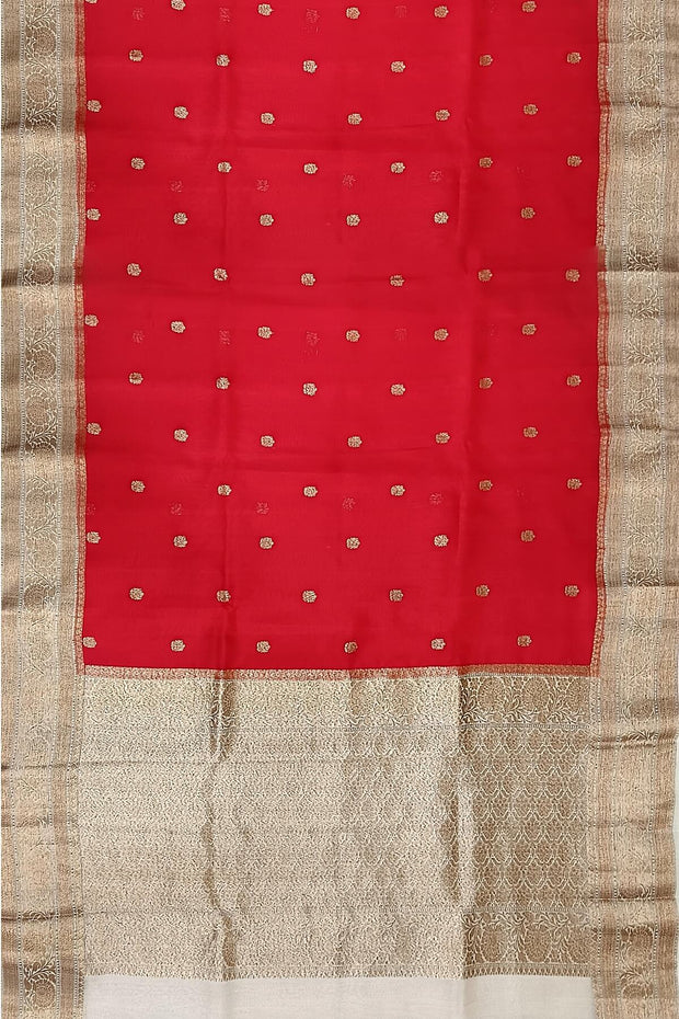 Banarasi kora ( organza) silk saree in red with small motifs