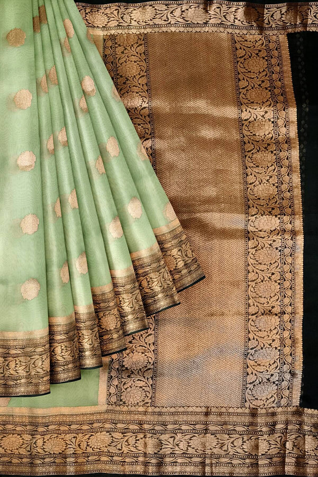 Banarasi kora ( organza) silk saree in pista green with motifs