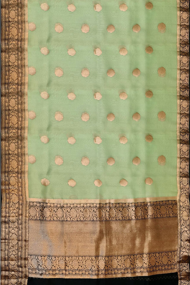 Banarasi kora ( organza) silk saree in pista green with motifs