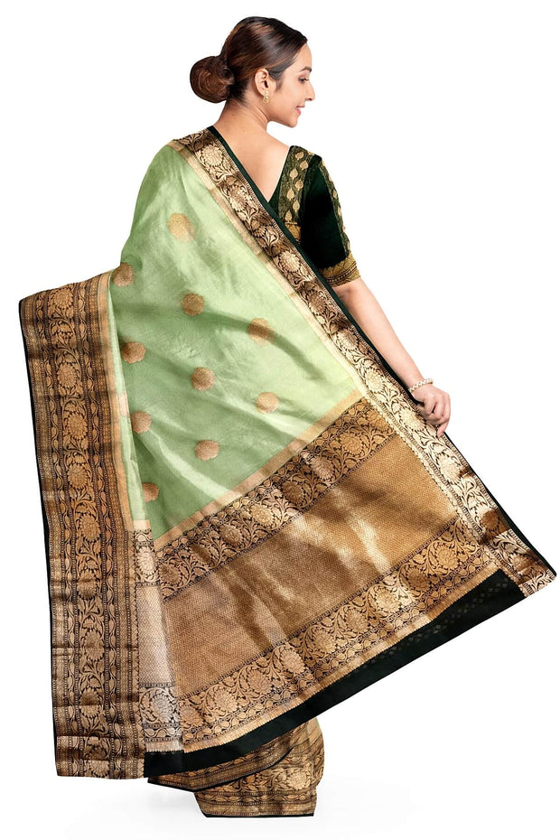 Banarasi kora ( organza) silk saree in pista green with motifs