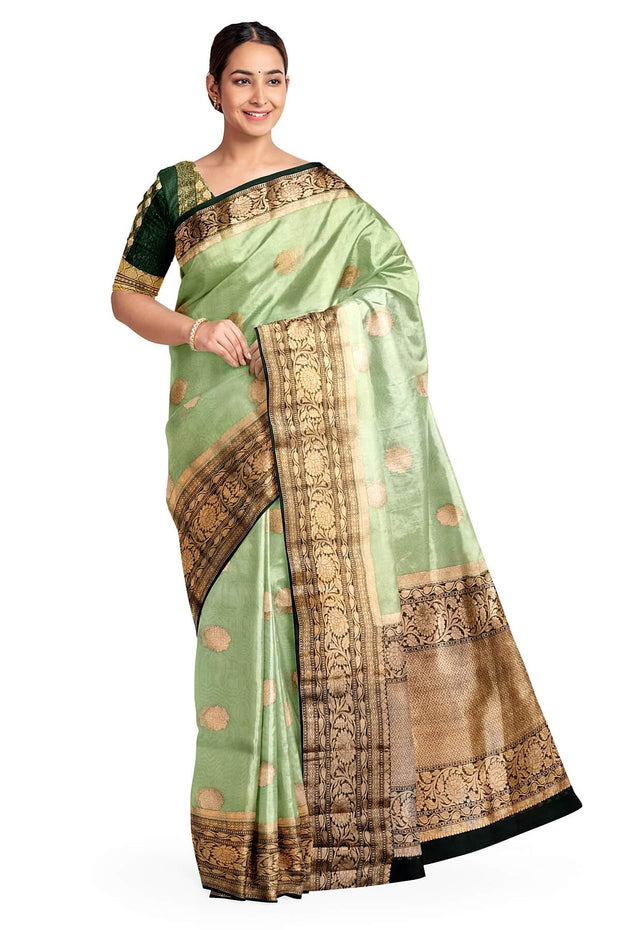 Banarasi kora ( organza) silk saree in pista green with motifs