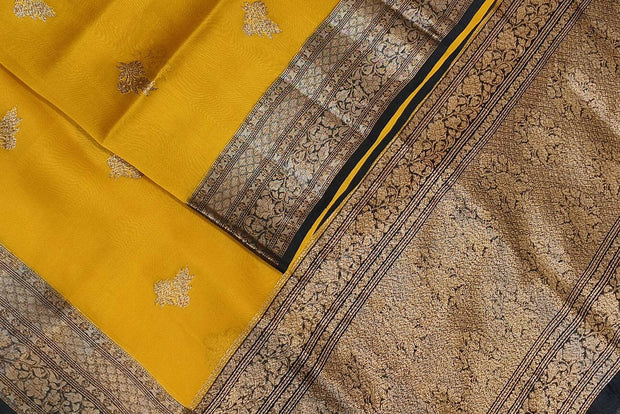 Banarasi kora ( organza) silk saree in mustard yellow with motifs