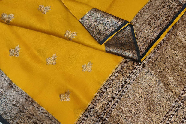 Banarasi kora ( organza) silk saree in mustard yellow with motifs