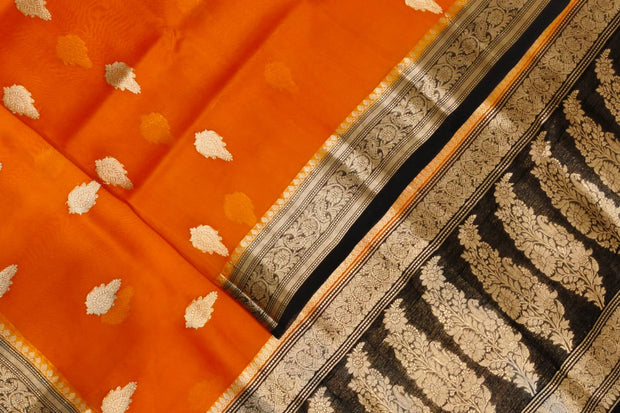 Banarasi kora ( organza) silk saree in orange with  gold motifs.