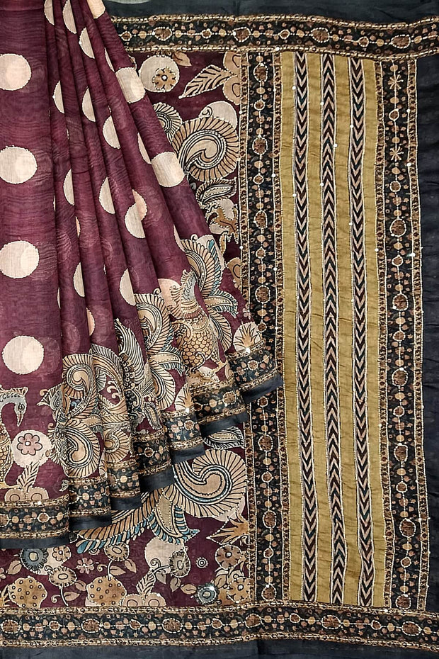 Chanderi silk cotton  saree in brown with kantha work