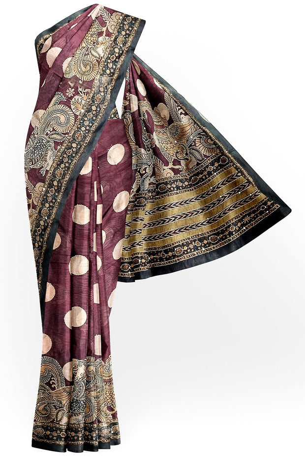 Chanderi silk cotton  saree in brown with kantha work