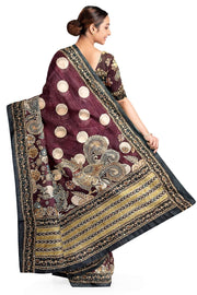 Chanderi silk cotton  saree in brown with kantha work