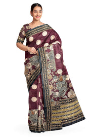 Chanderi silk cotton  saree in brown with kantha work