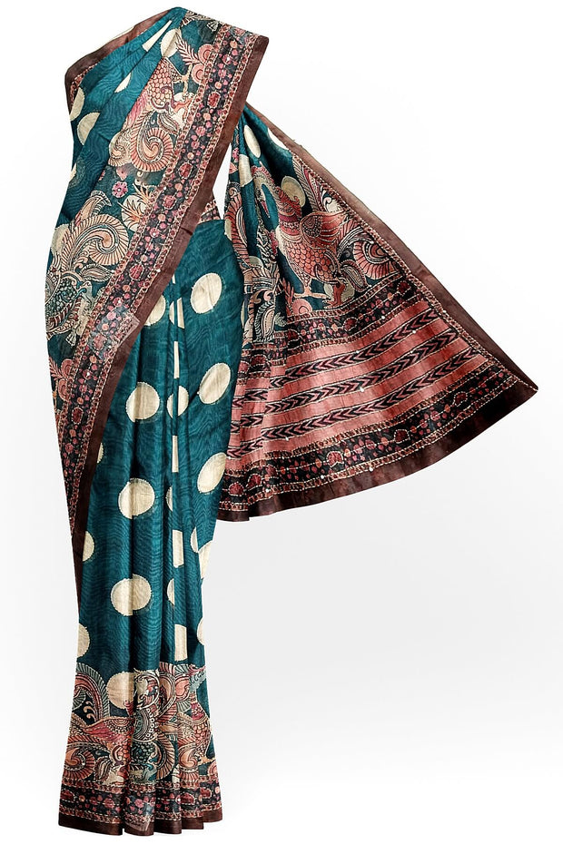 Chanderi silk cotton  saree in  bottle green with kantha work