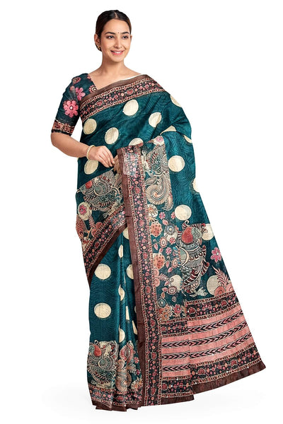 Chanderi silk cotton  saree in  bottle green with kantha work