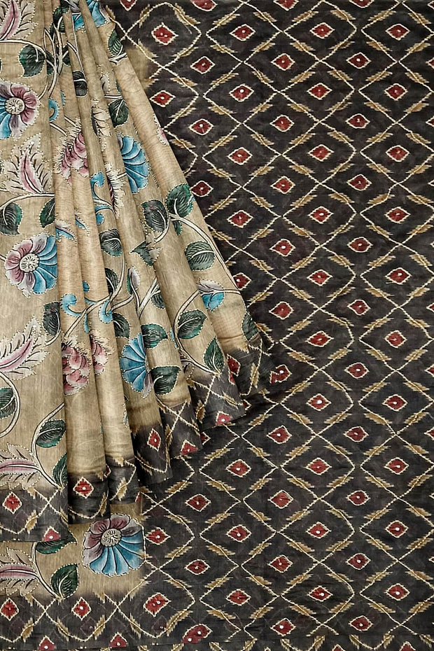 Chanderi silk cotton  saree in beige with kantha work