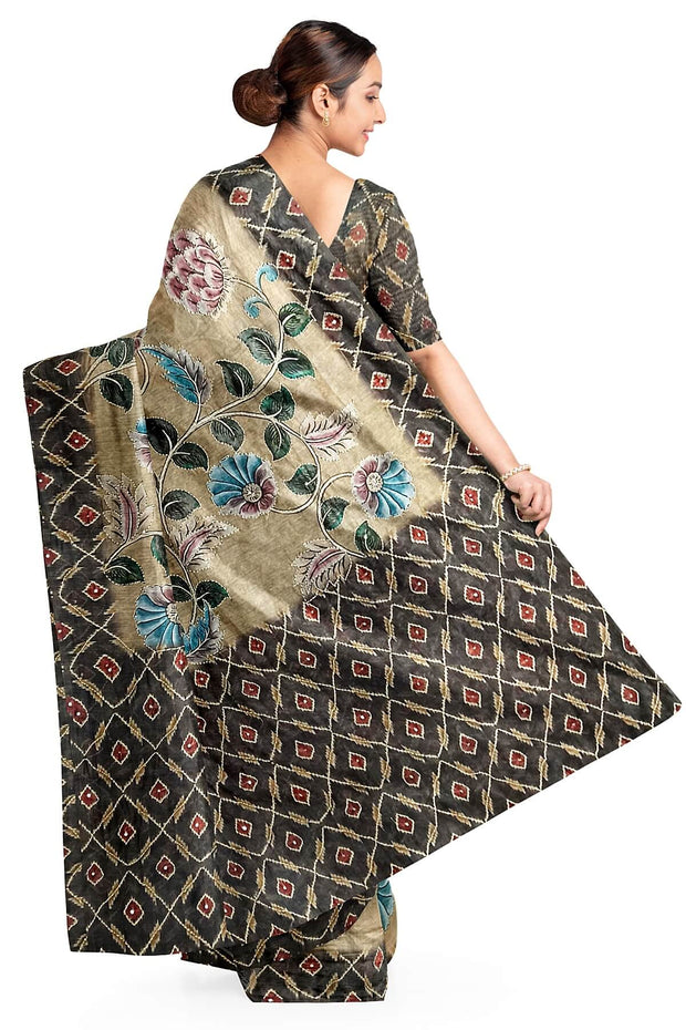 Chanderi silk cotton  saree in beige with kantha work