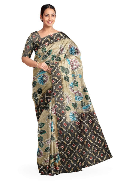 Chanderi silk cotton  saree in beige with kantha work