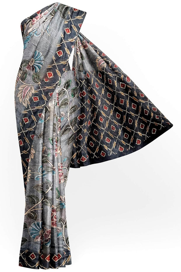 Chanderi silk cotton  saree in bluish grey with kantha work