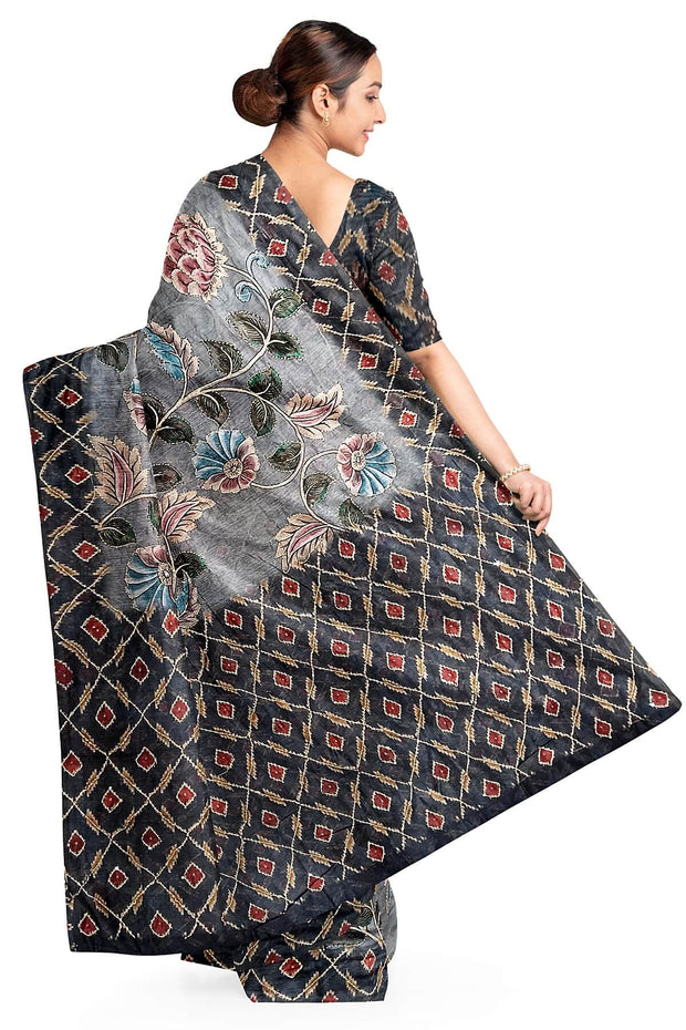 Chanderi silk cotton  saree in bluish grey with kantha work