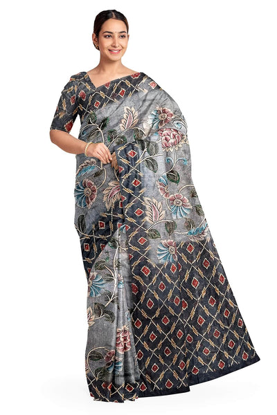 Chanderi silk cotton  saree in bluish grey with kantha work