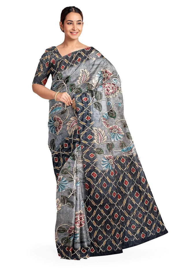 Chanderi silk cotton  saree in bluish grey with kantha work