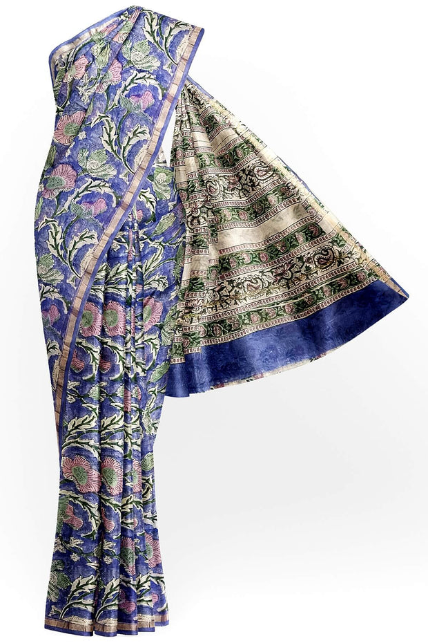 Hand block Bagru print on Chanderi silk cotton saree in dark lavender