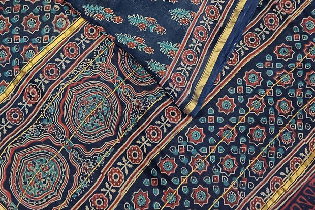 Hand block Bagru print on Chanderi silk cotton saree in navy blue