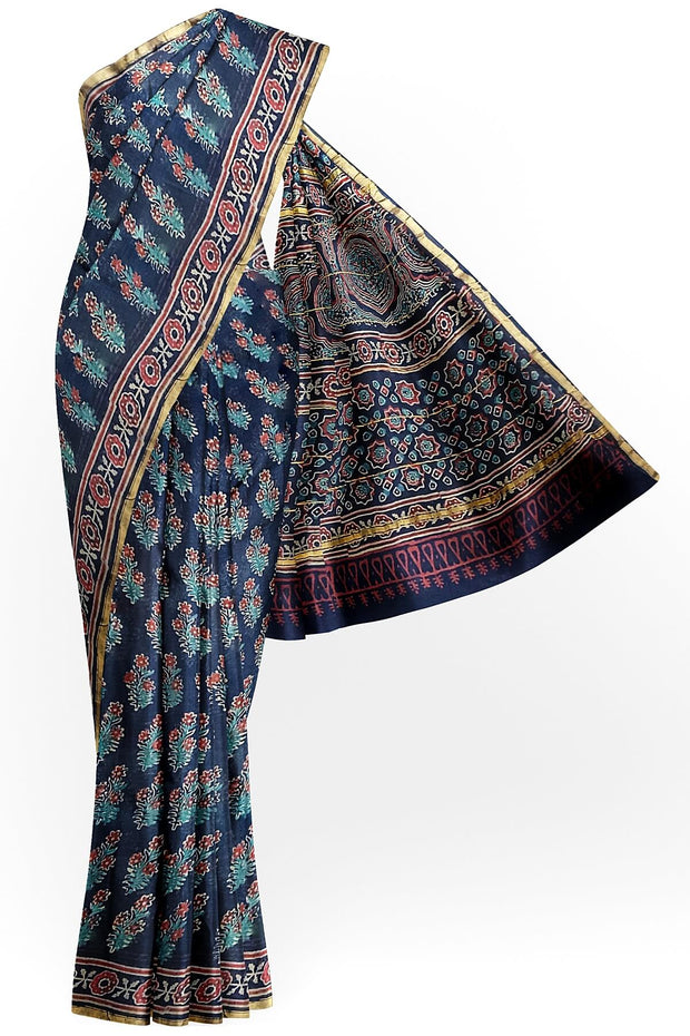 Hand block Bagru print on Chanderi silk cotton saree in navy blue