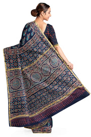 Hand block Bagru print on Chanderi silk cotton saree in navy blue