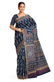 Hand block Bagru print on Chanderi silk cotton saree in navy blue